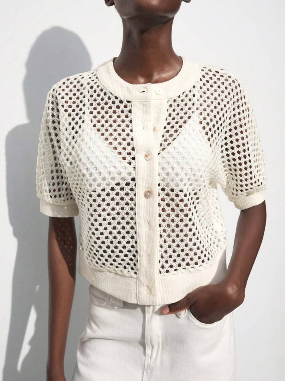 Women's ivory white Cream Open-Knit Button Front short sleeve Top